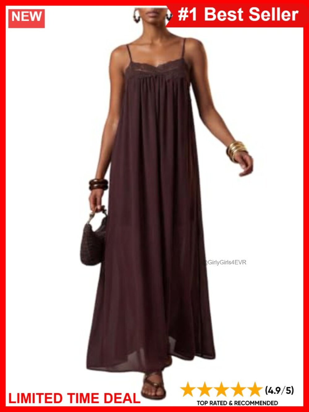 Lace Trim Spaghetti Strap Maxi Dress Sleeveless A-Line Chiffon